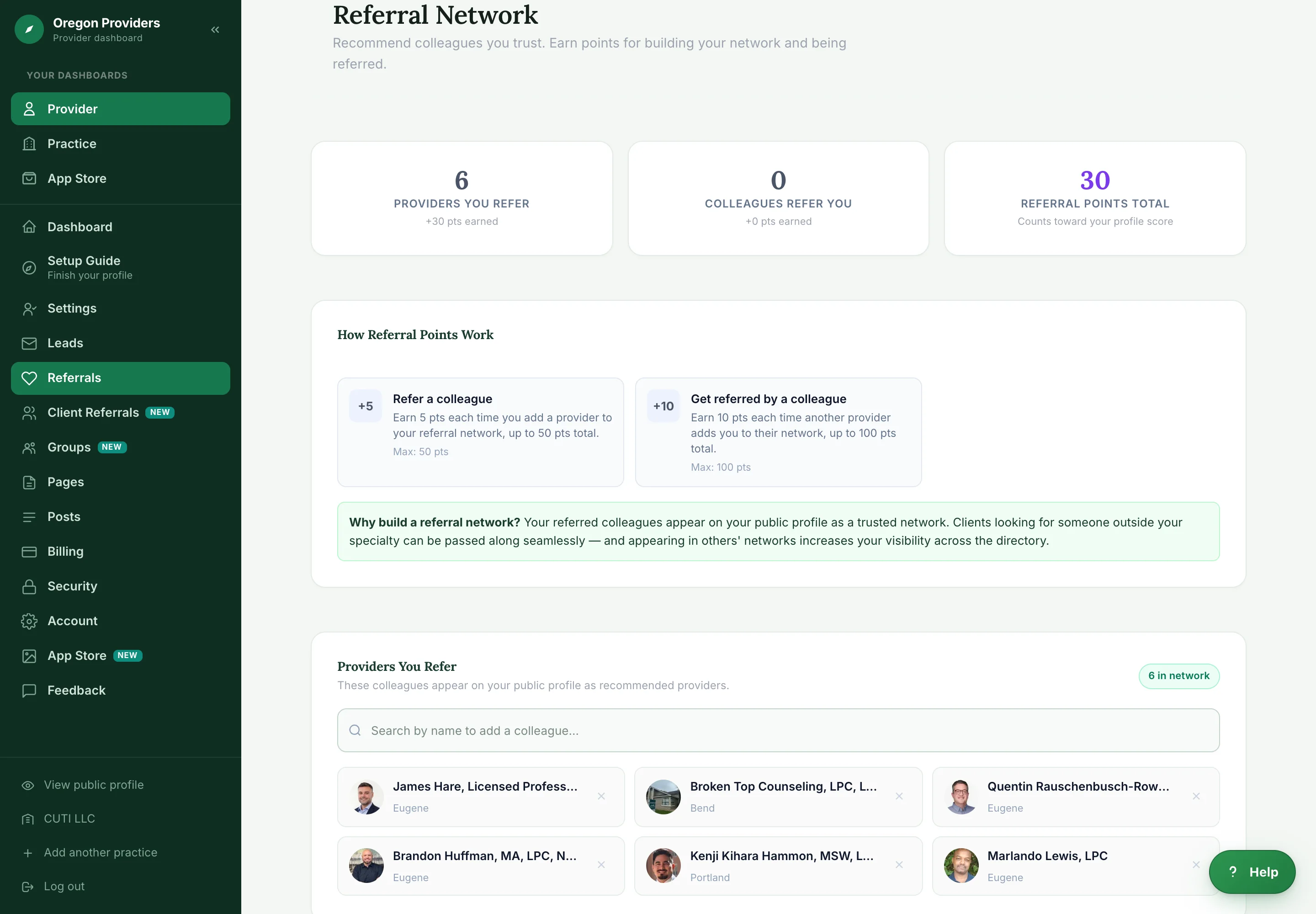 The members-only Referrals Board showing de-identified client referrals from Oregon providers, each with an I Can Help button
