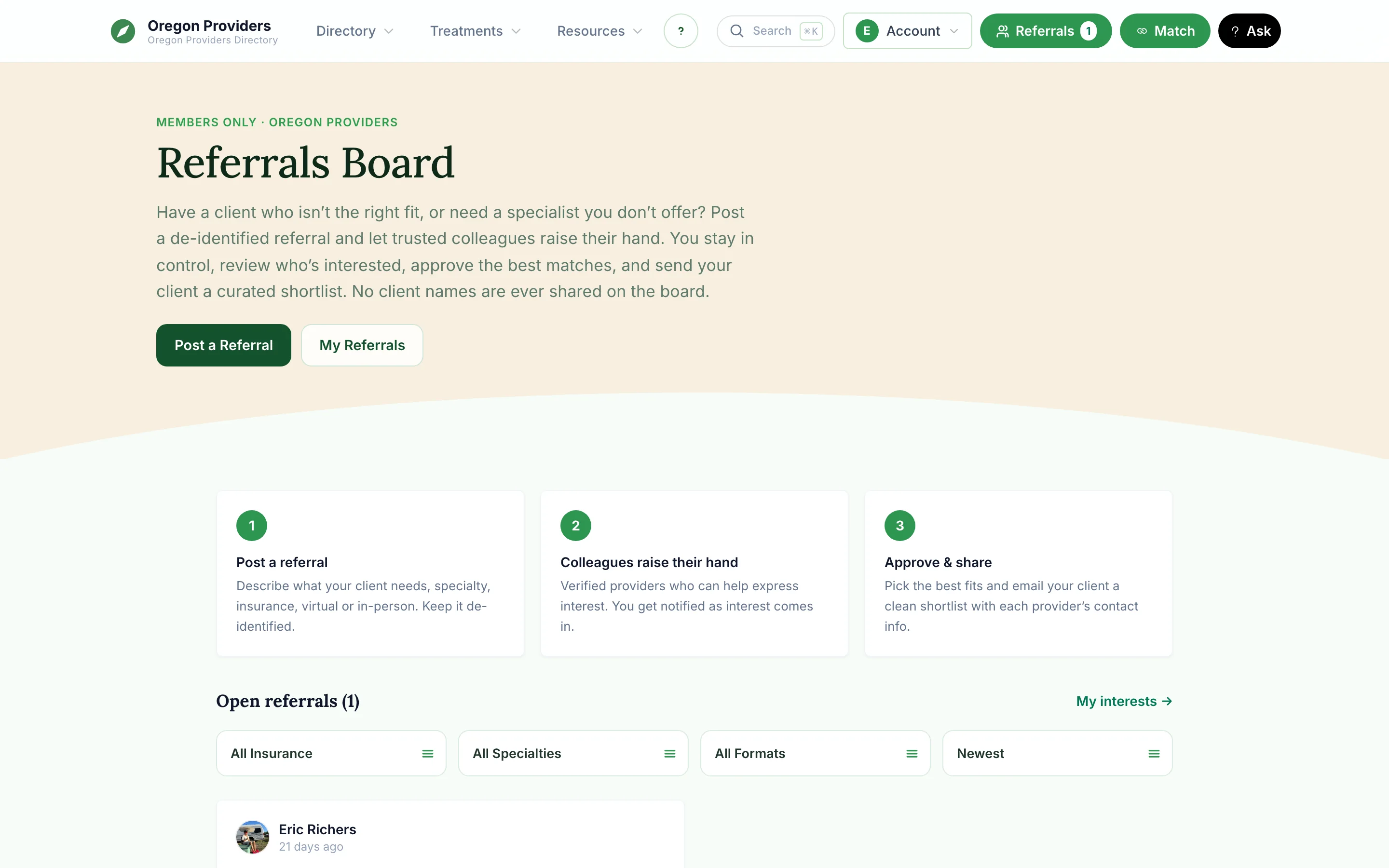 The members-only Referrals Board with a three-step explainer and filters above the open referrals