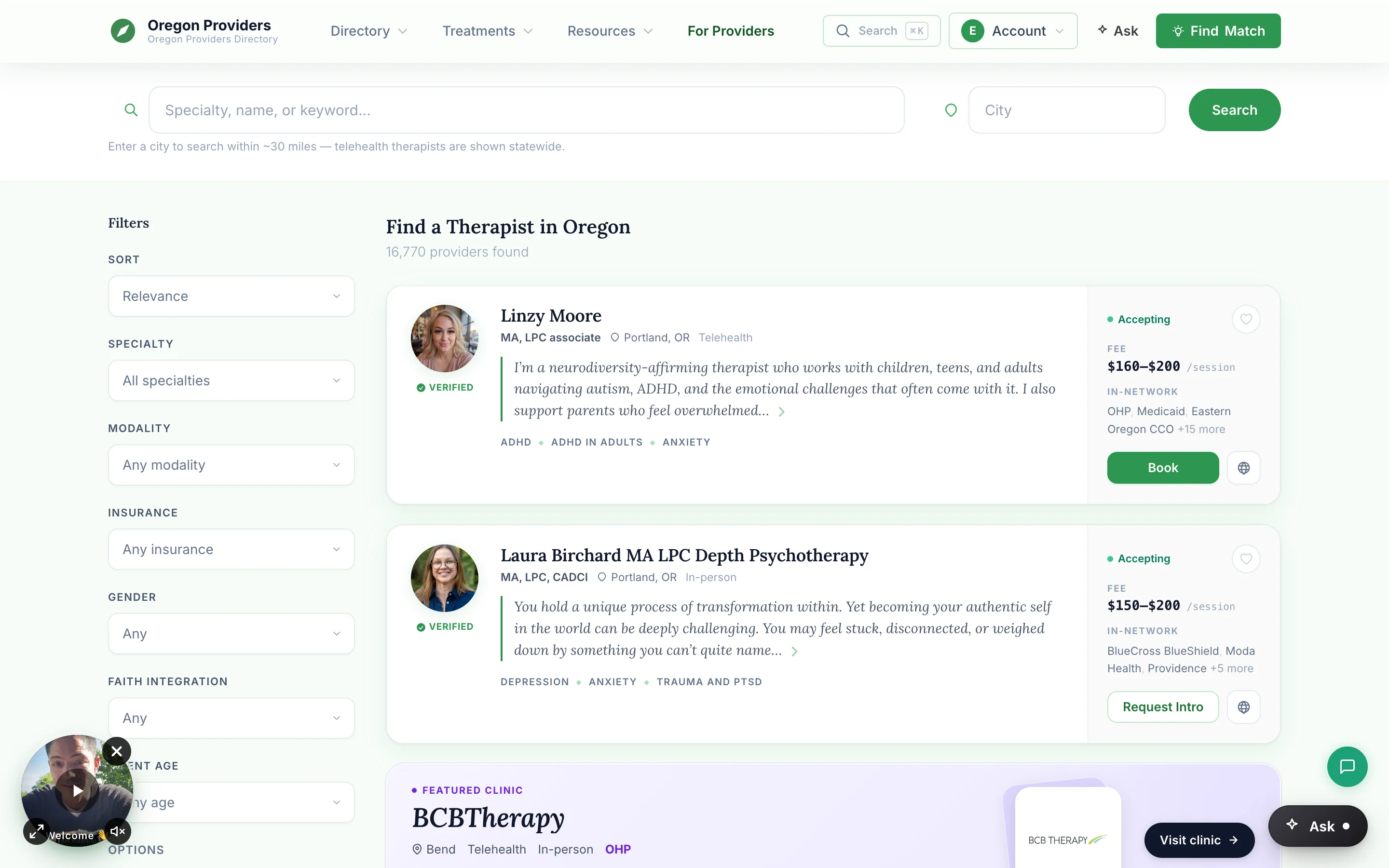 Provider search results page showing therapist cards with photos, specialties, insurance accepted, and filter options