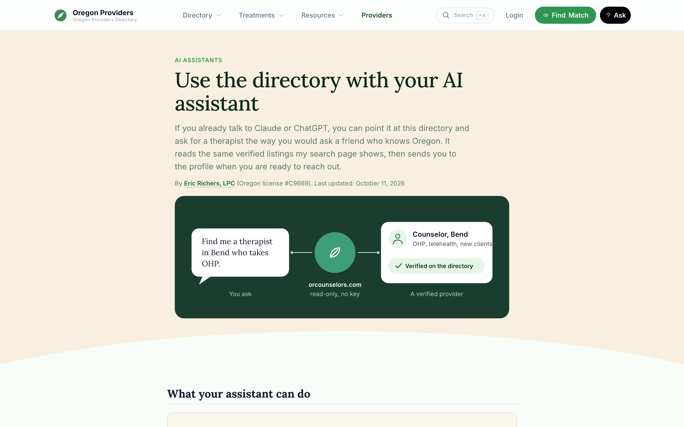 The Use with your AI page, with a diagram of an assistant asking for a therapist in Bend who takes OHP and getting back a provider verified on the directory