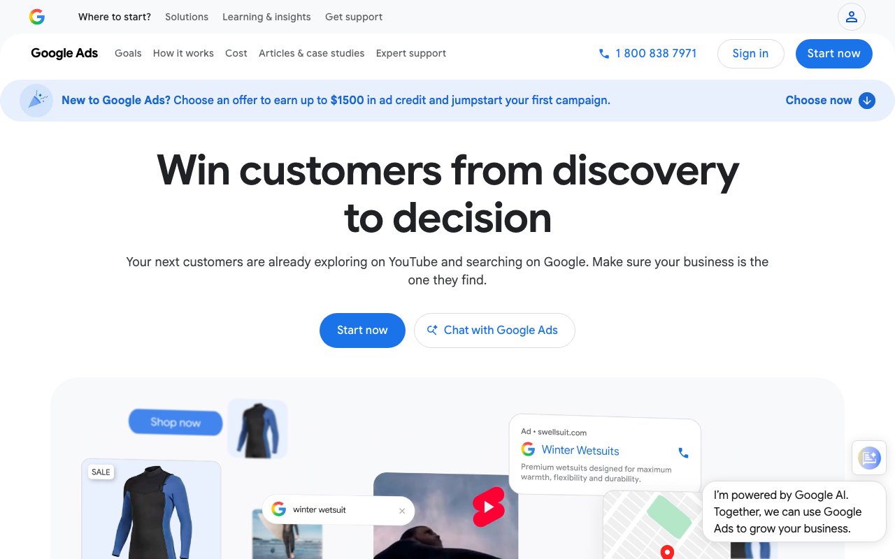 Google Ads homepage in September 2026, showing the sign-up offer banner and the Start now button