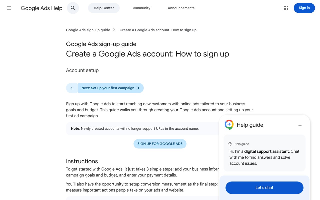 Google Ads Help page titled Create a Google Ads account: How to sign up