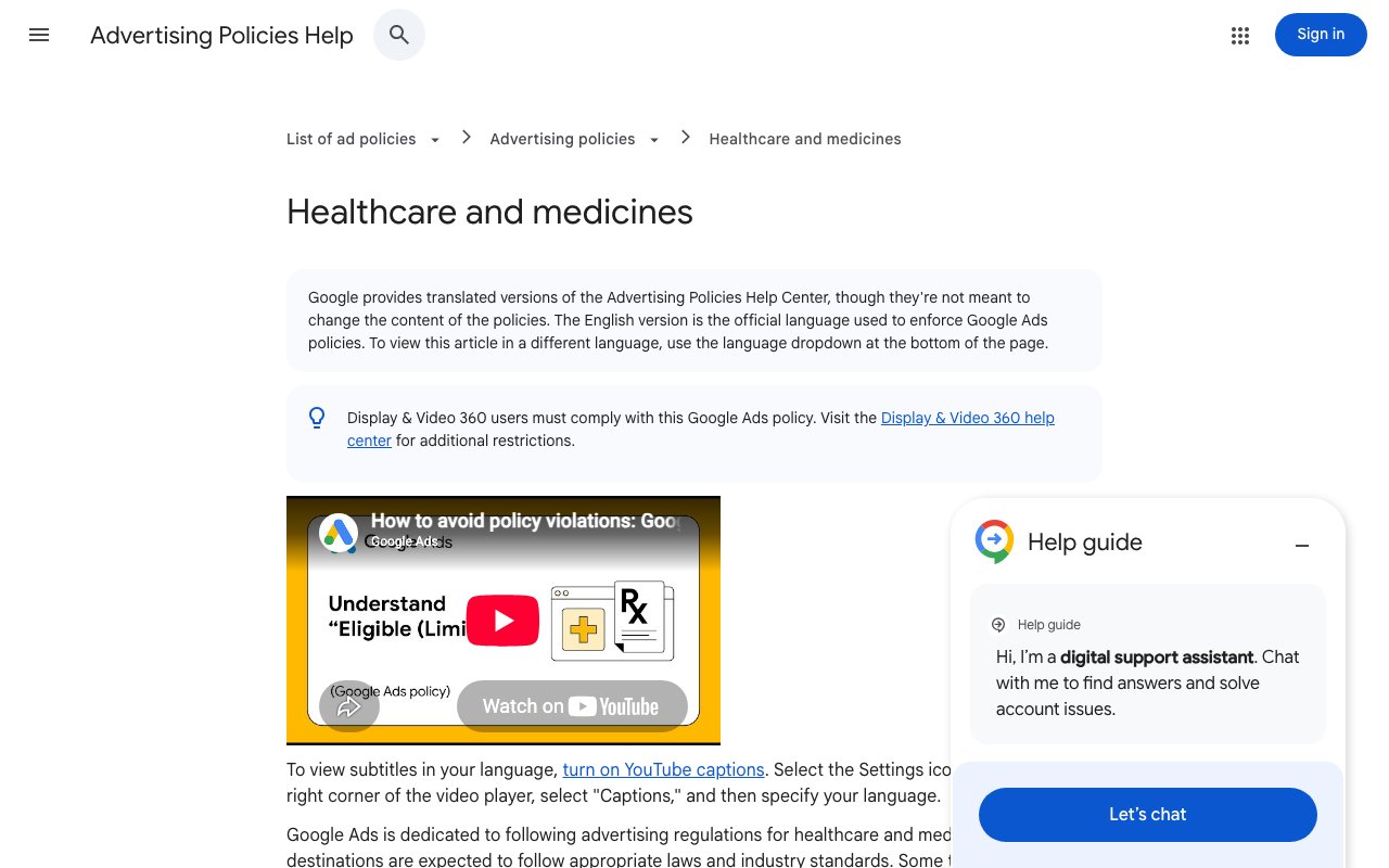 Google Advertising Policies Help page for Healthcare and medicines