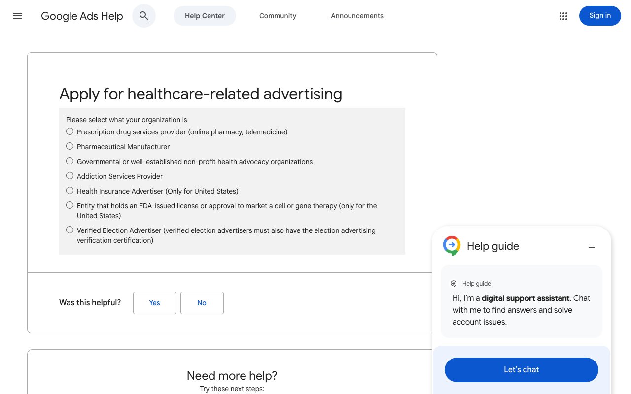 Google's Apply for healthcare-related advertising form, listing the organization types that must apply