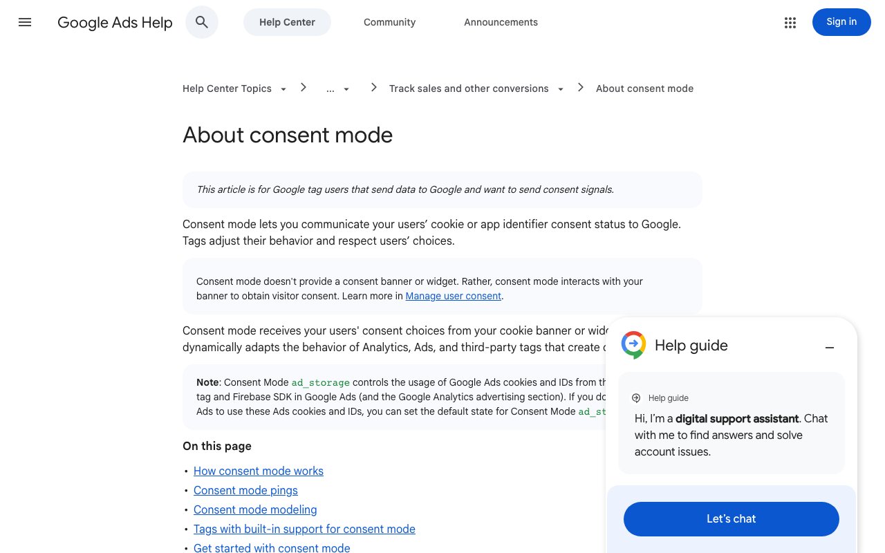 Google Ads Help page titled About consent mode