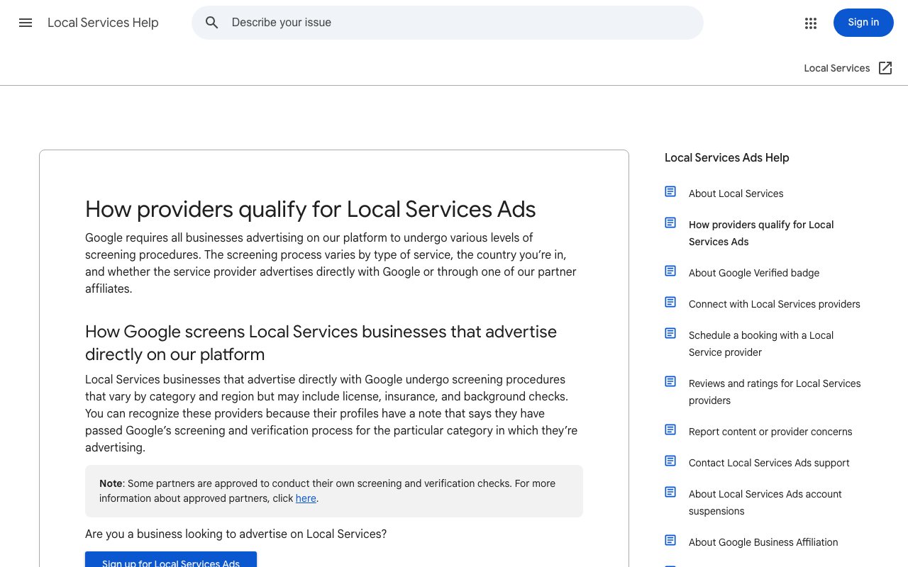 Local Services Help page titled How providers qualify for Local Services Ads