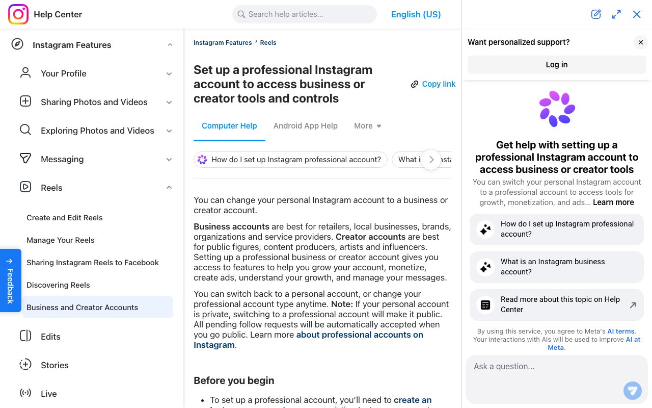 Instagram Help Center page on setting up a professional account for business or creator tools