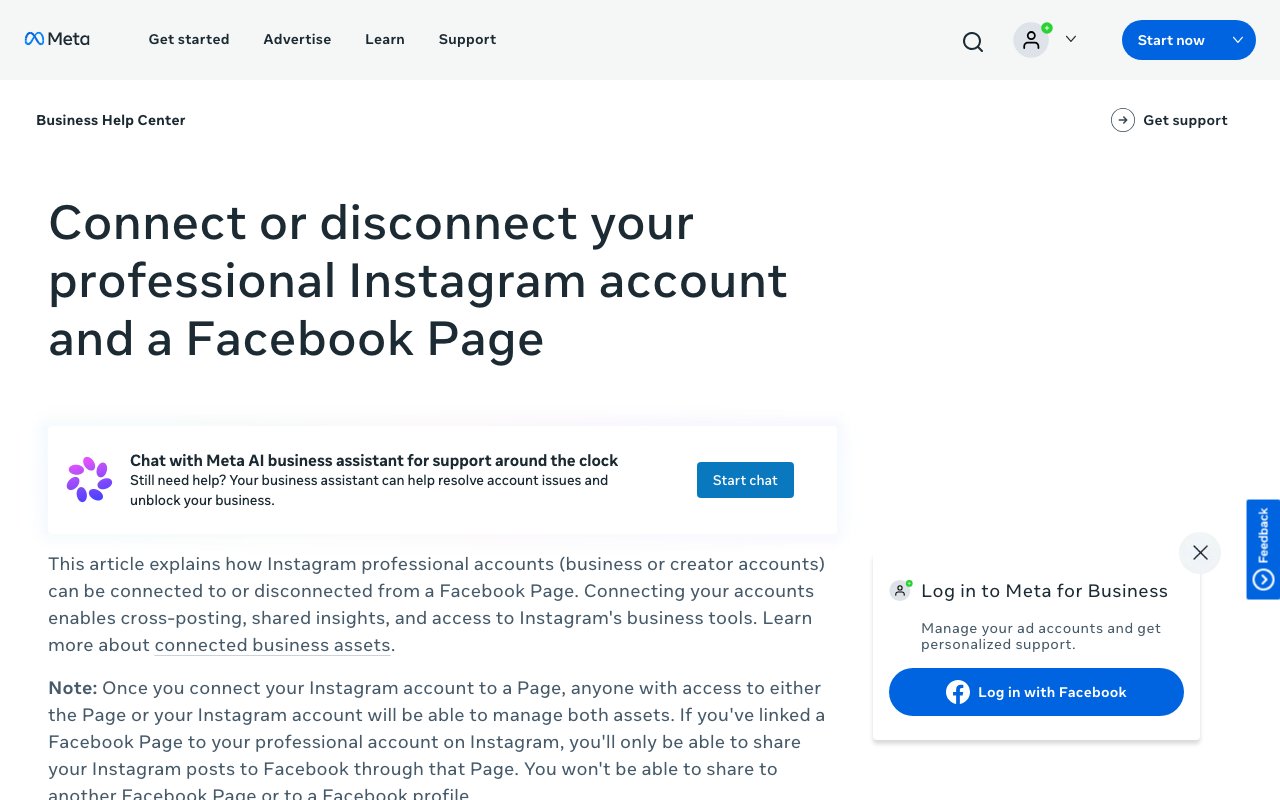 Meta Business Help Center page on connecting a professional Instagram account to a Facebook Page