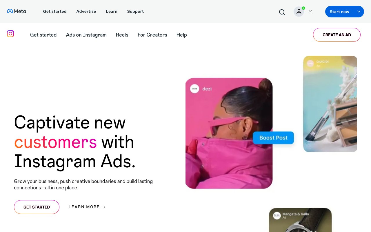 Instagram for Business landing page, where Meta's business tools and ads are introduced