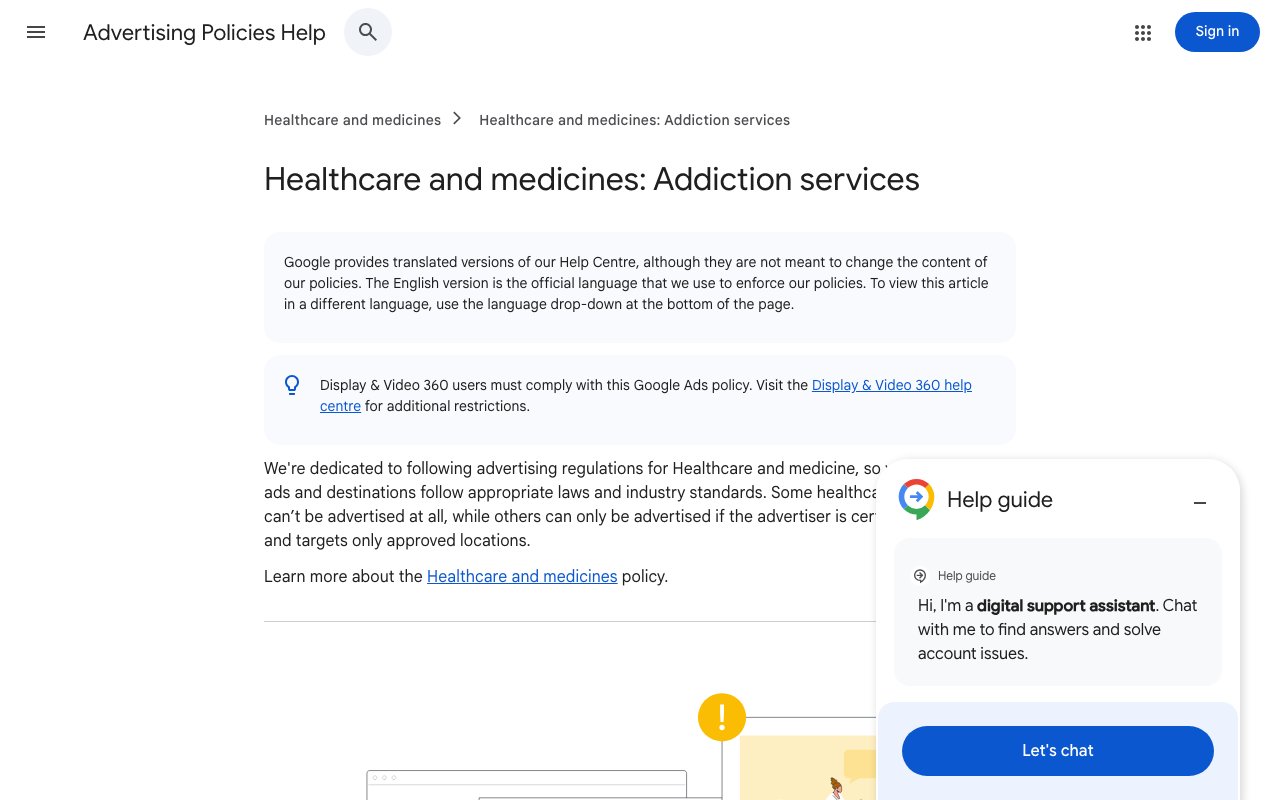 Google Advertising Policies Help page for Healthcare and medicines: Addiction services