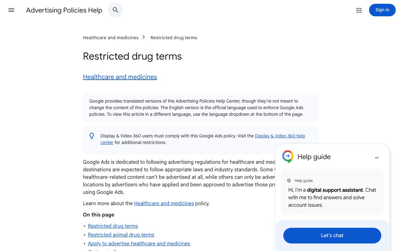 Google Advertising Policies Help page titled Restricted drug terms