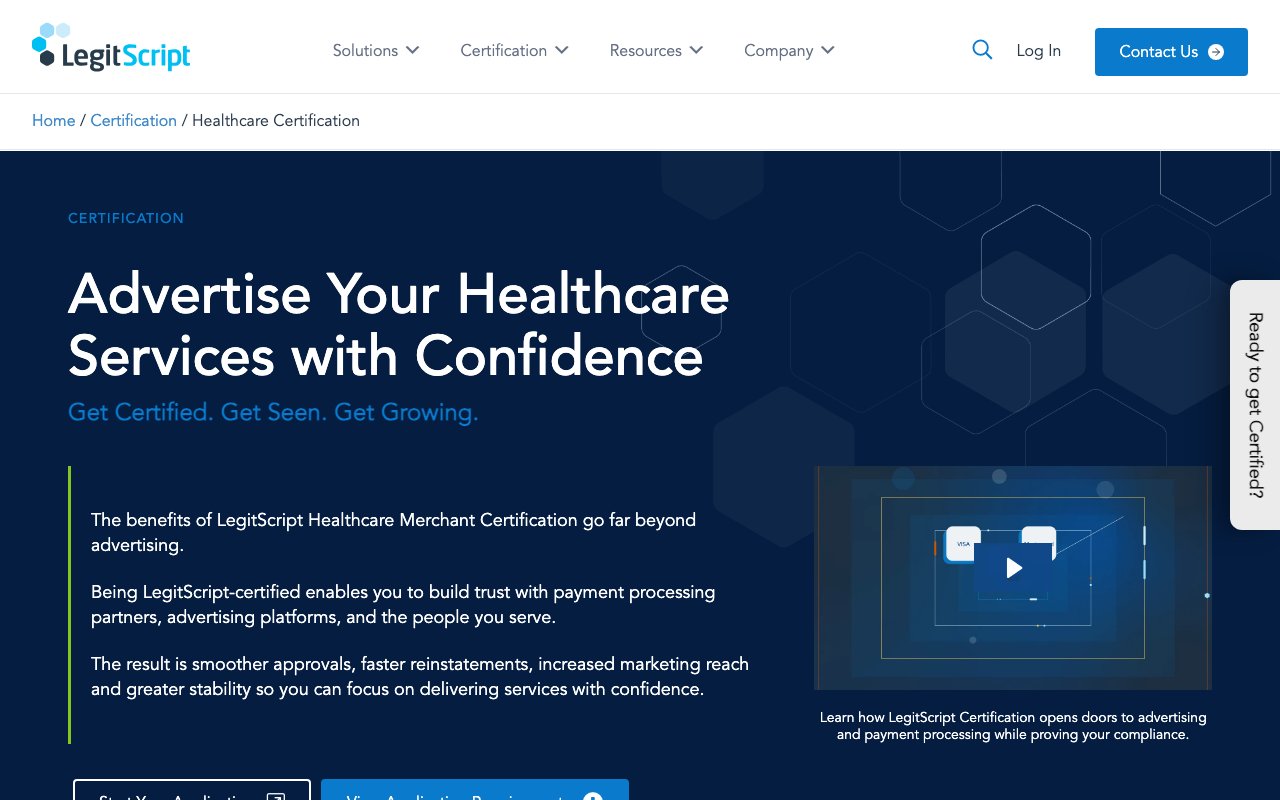 LegitScript's healthcare certification page, with the Start Your Application and View Application Requirements buttons