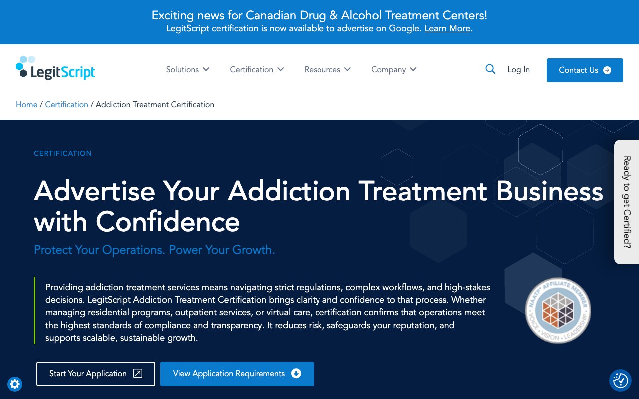 LegitScript's addiction treatment certification page