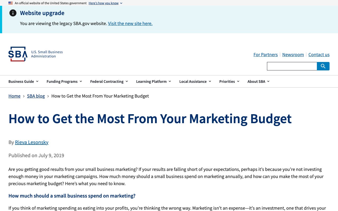 Archived SBA blog post from 2019 on getting the most from a marketing budget, captured September 24, 2026