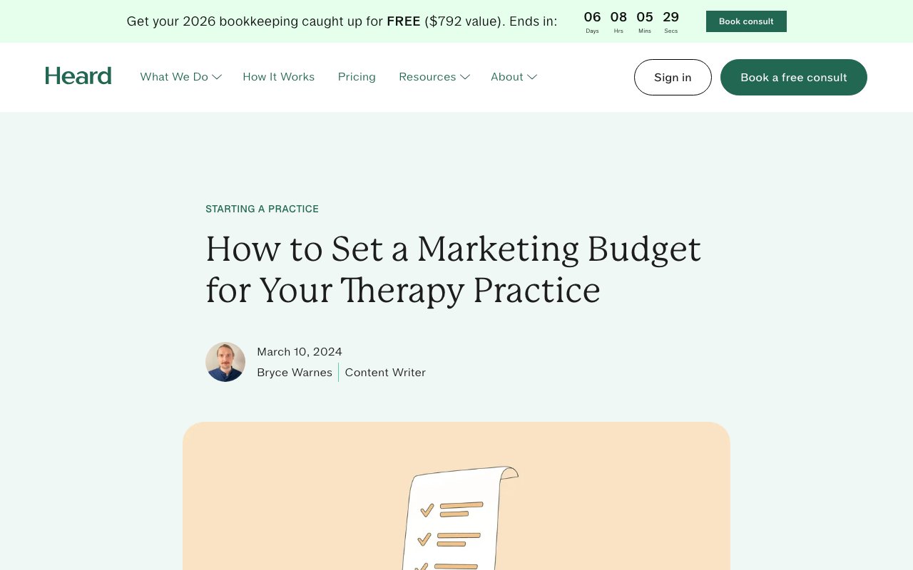 Heard's article on how to set a marketing budget for a therapy practice, captured September 24, 2026