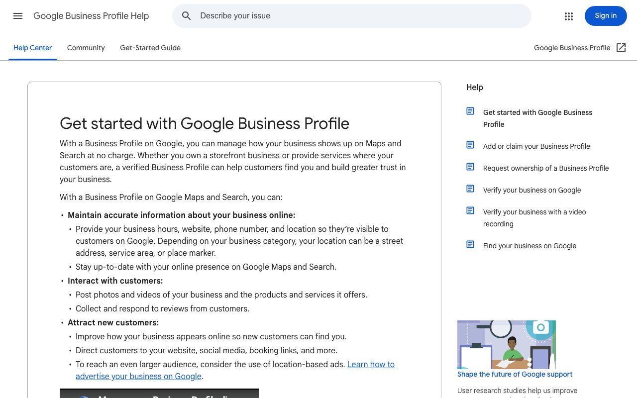 Google Business Profile help page on getting started, captured September 24, 2026