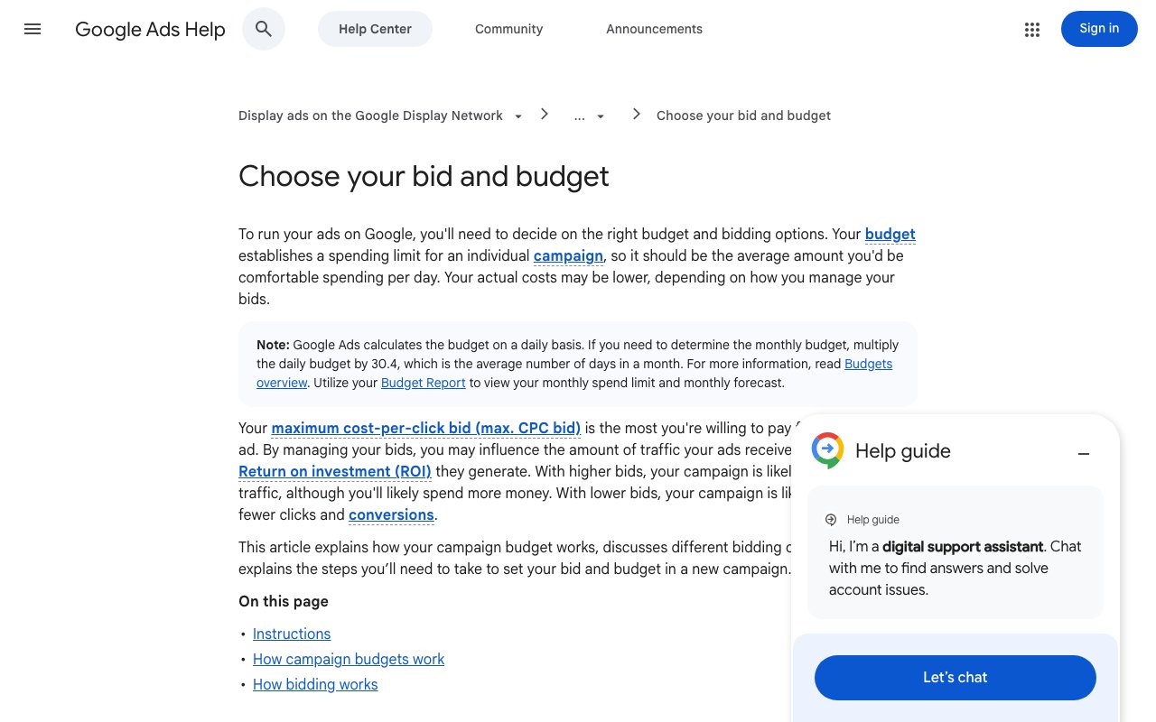 Google Ads help page on choosing a bid and budget, captured September 24, 2026