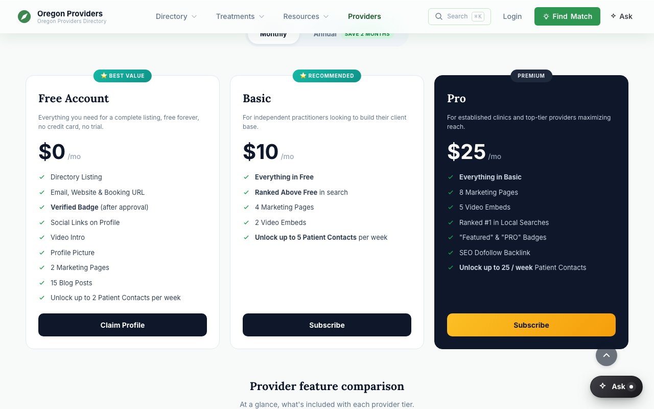This directory's pricing page showing the free, Basic and Pro tiers, captured September 24, 2026