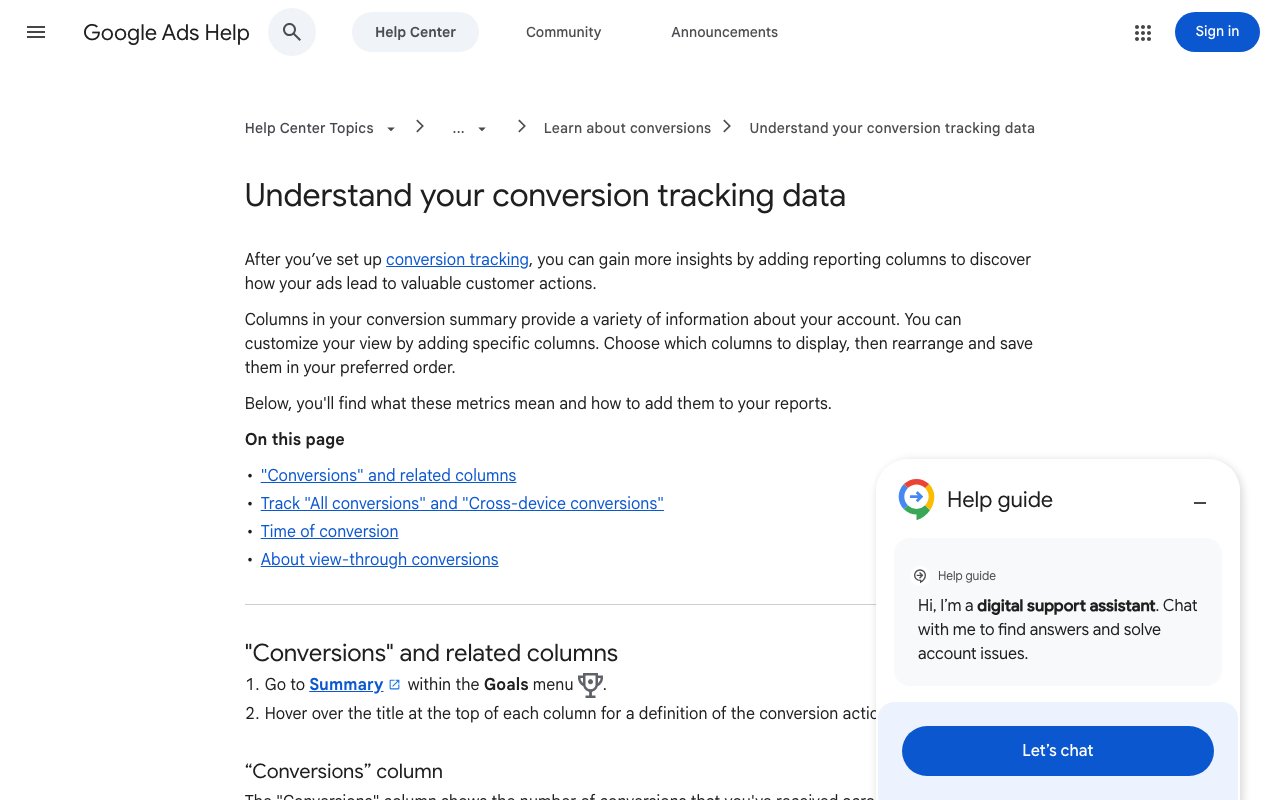 Google Ads help page on understanding conversion tracking data, captured September 24, 2026