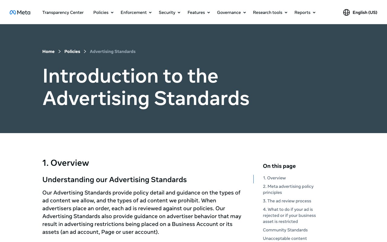Meta Transparency Center page titled Introduction to the Advertising Standards