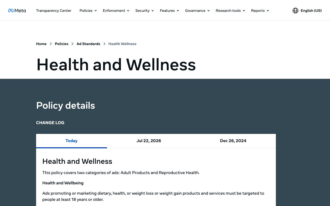 Meta Transparency Center page for the Health and Wellness advertising standard, showing the change log