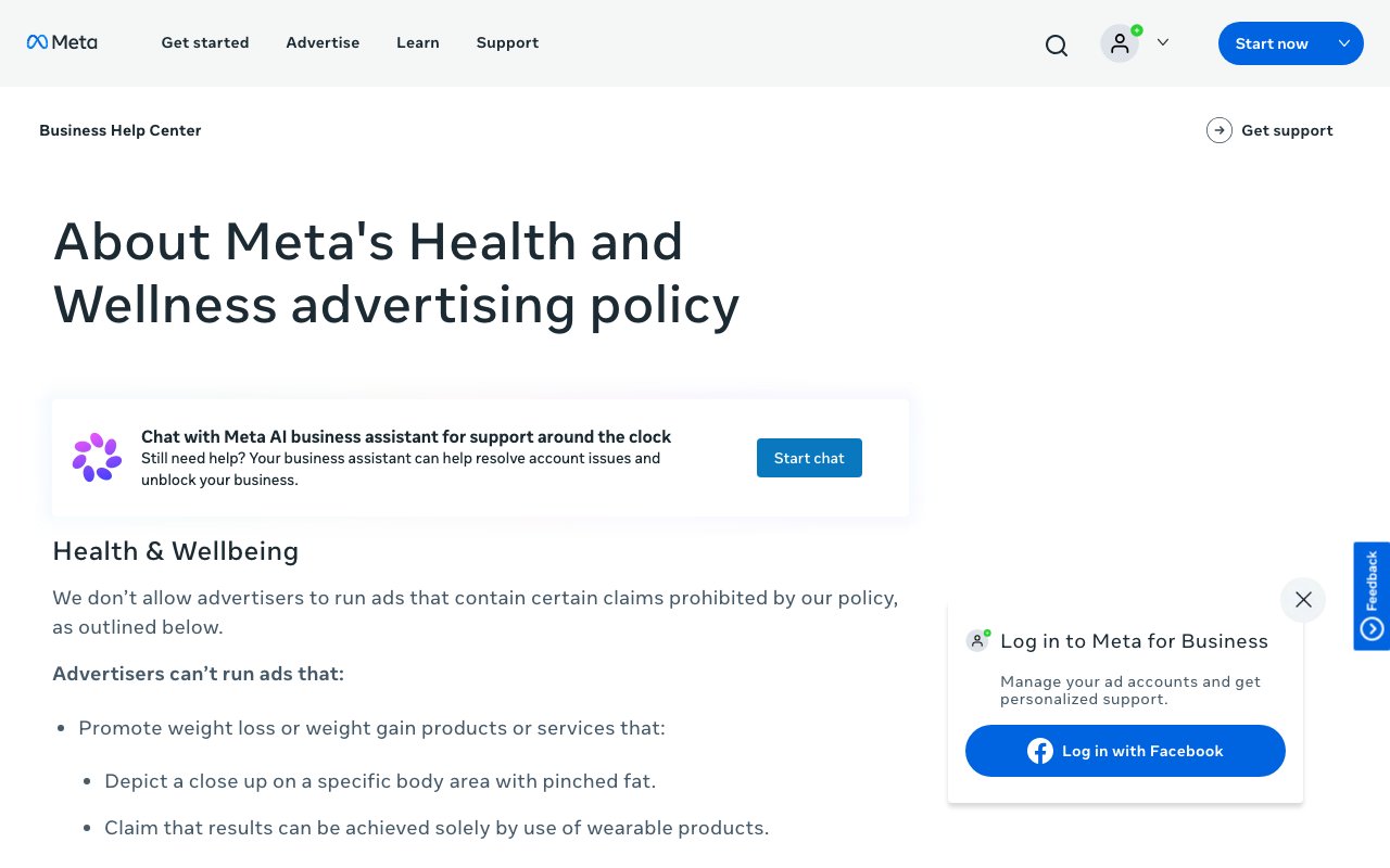 Meta Business Help Center page titled About Meta's Health and Wellness advertising policy