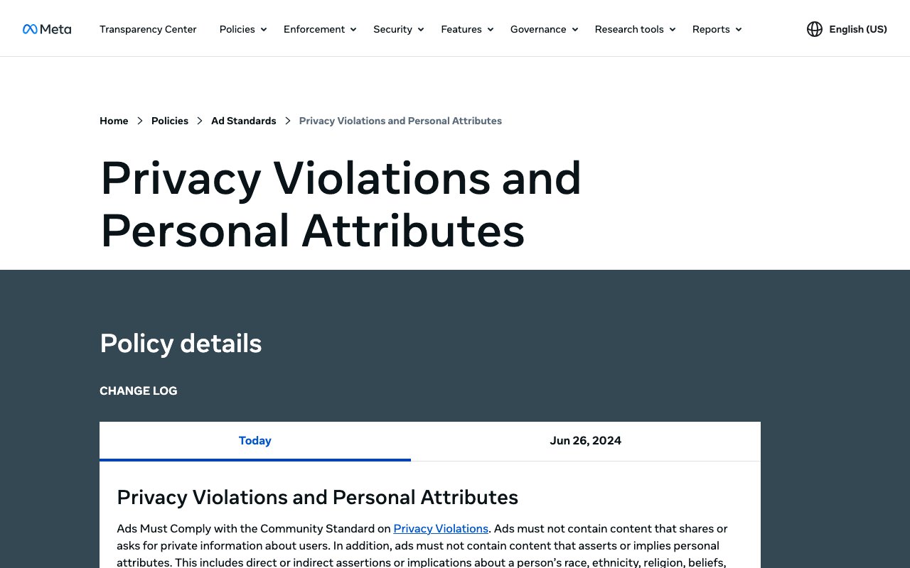 Meta Transparency Center page for the Privacy Violations and Personal Attributes advertising standard