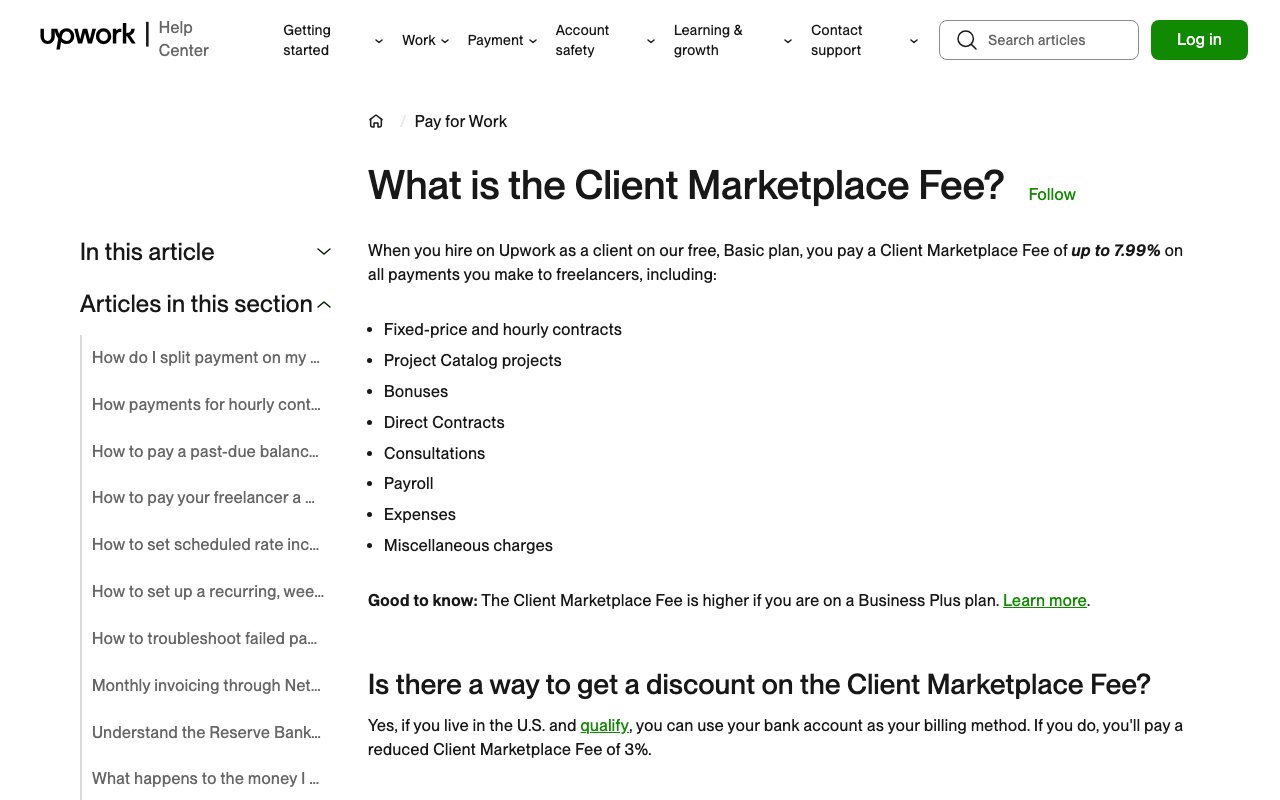 Upwork help center article in September 2026, explaining the Client Marketplace Fee and what it applies to