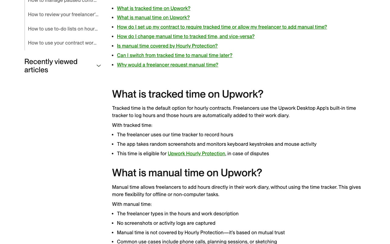 Upwork help center article in September 2026, explaining tracked time and manual time
