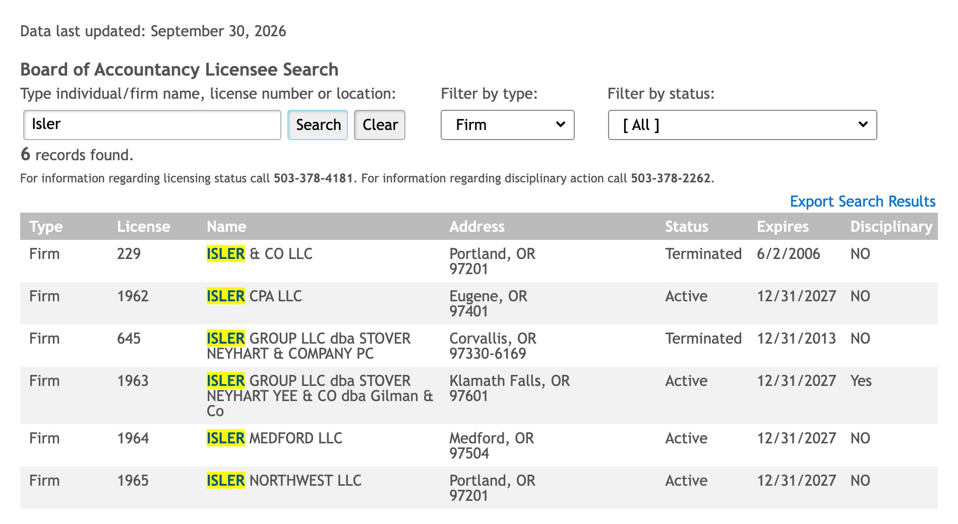 Oregon Board of Accountancy licensee search in September 2026, a firm search returning six similarly named firms with license number, city, status, expiration and a disciplinary column