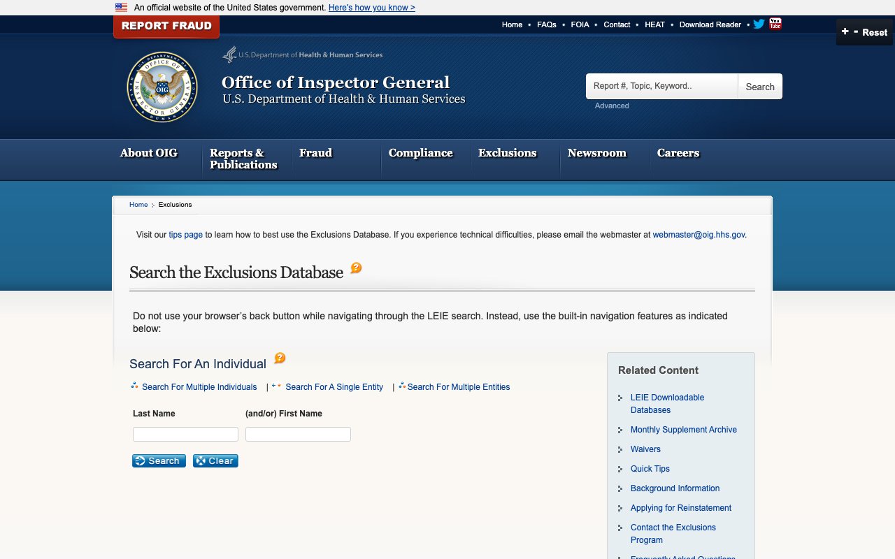 OIG exclusions database search page in September 2026, showing the individual name search fields