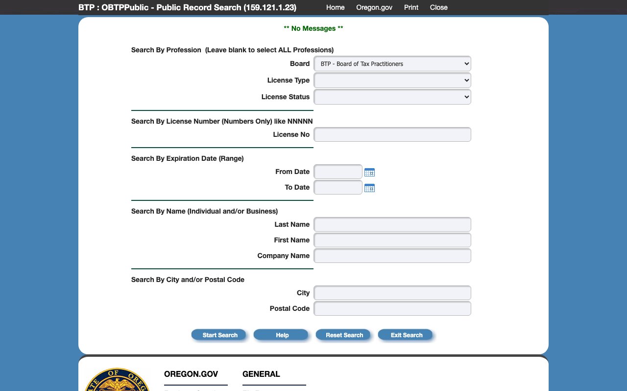 Oregon Board of Tax Practitioners license search page in September 2026, showing the public record search form