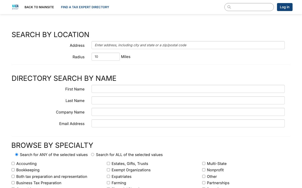 NAEA Find a Tax Expert directory in September 2026, showing the location and specialty search panels