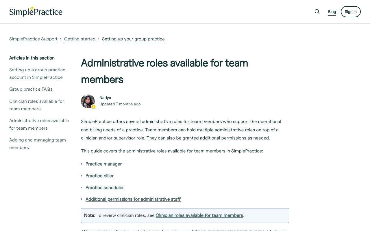 SimplePractice help article in September 2026, listing the practice biller and other administrative team roles