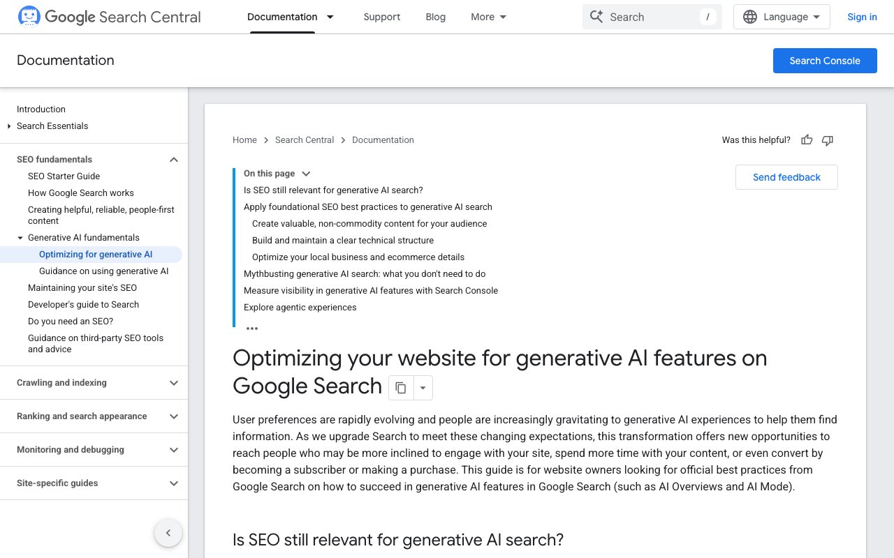 Google Search Central's guide to optimizing for generative AI features, captured September 24, 2026