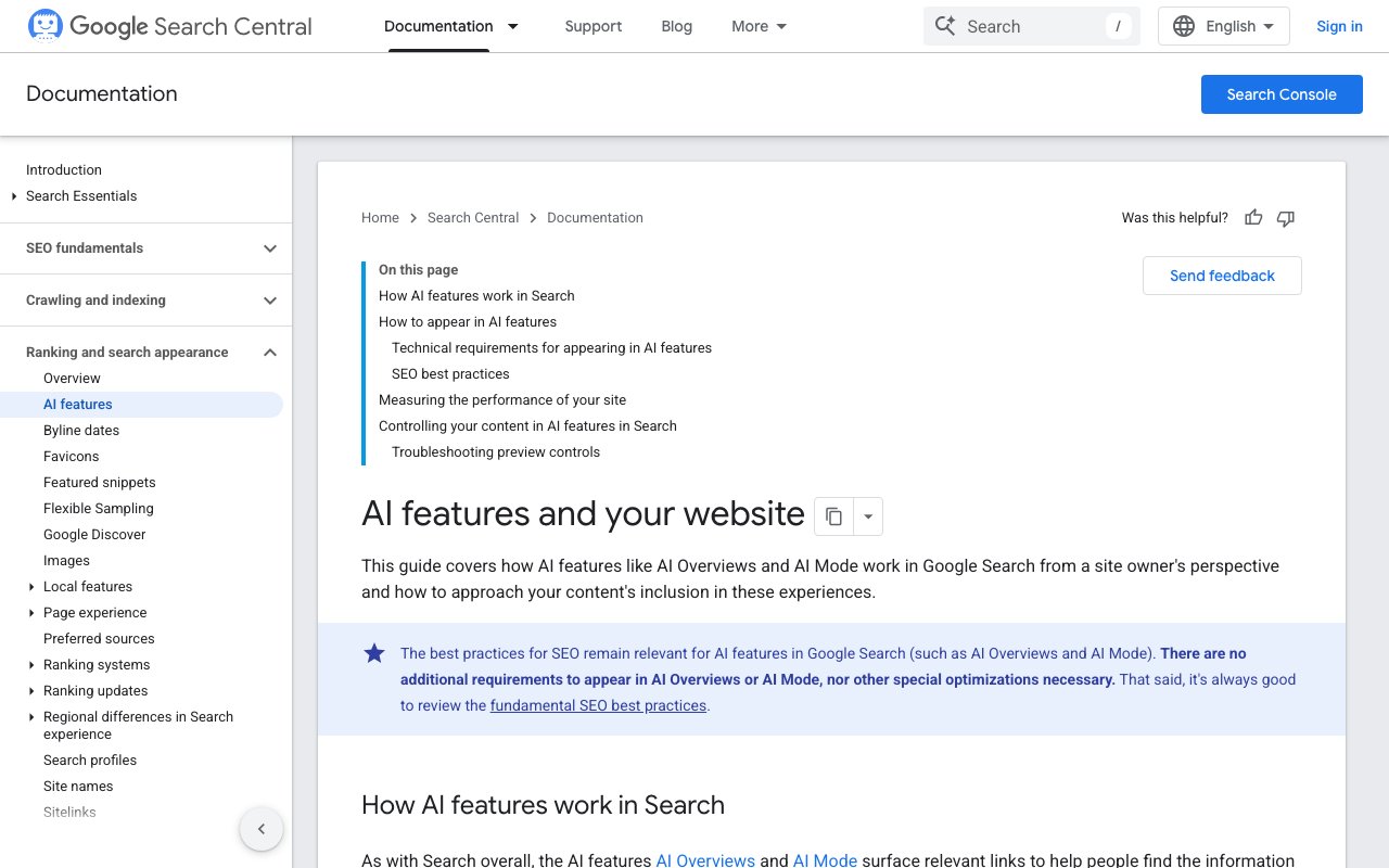 Google Search Central page titled AI features and your website, captured September 24, 2026