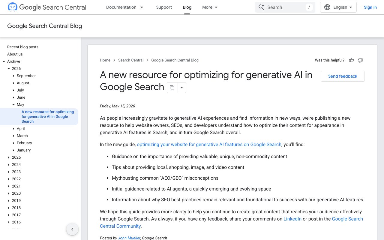 Google Search Central blog post from May 2026 announcing a resource for optimizing for generative AI, captured September 24, 2026