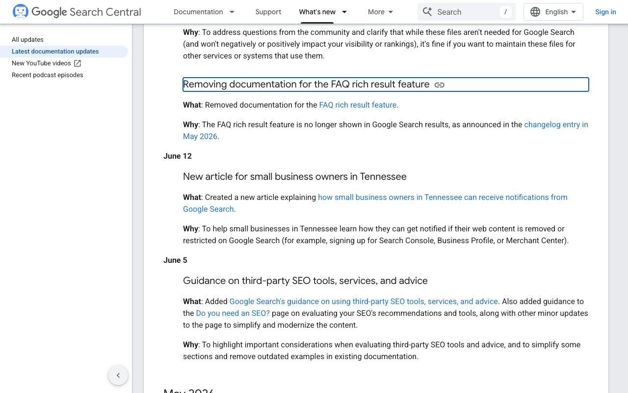 Google Search Central documentation updates page showing the entry that removed the FAQ rich result documentation, captured September 24, 2026