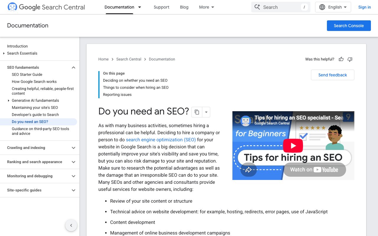 Google Search Central page titled Do you need an SEO, captured September 24, 2026