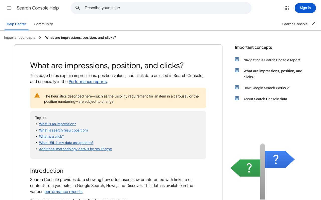 Search Console help page explaining impressions, position and clicks, captured September 24, 2026