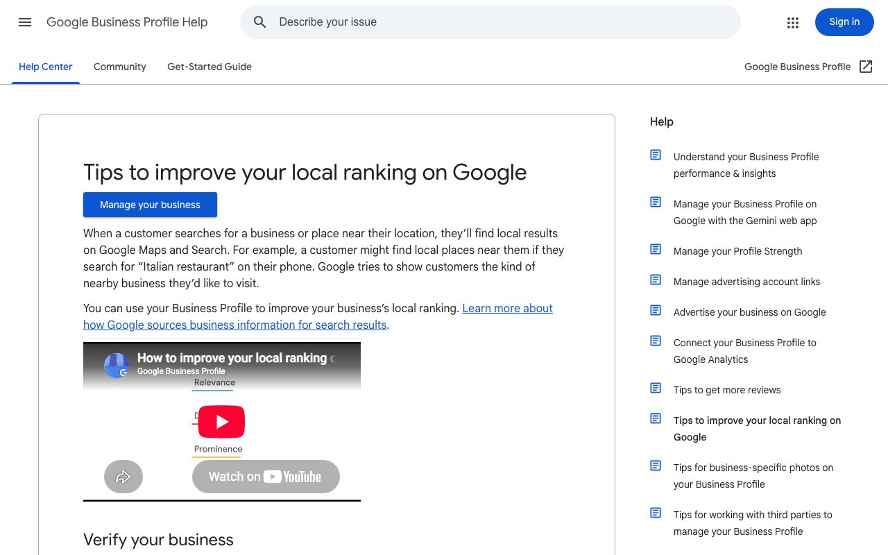 Google Business Profile help page on how to improve local ranking, captured September 24, 2026