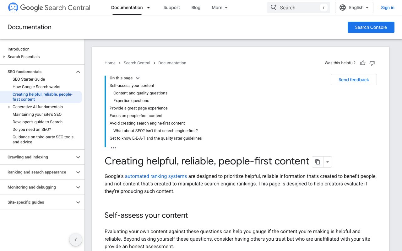Google Search Central page on creating helpful, reliable, people-first content, captured September 24, 2026
