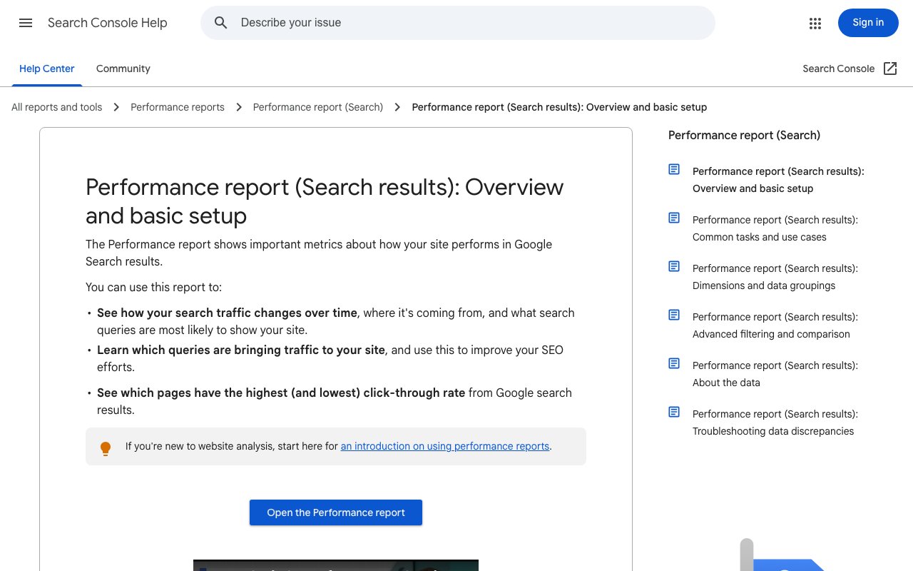 Search Console help page describing the Performance report for search results, captured September 24, 2026