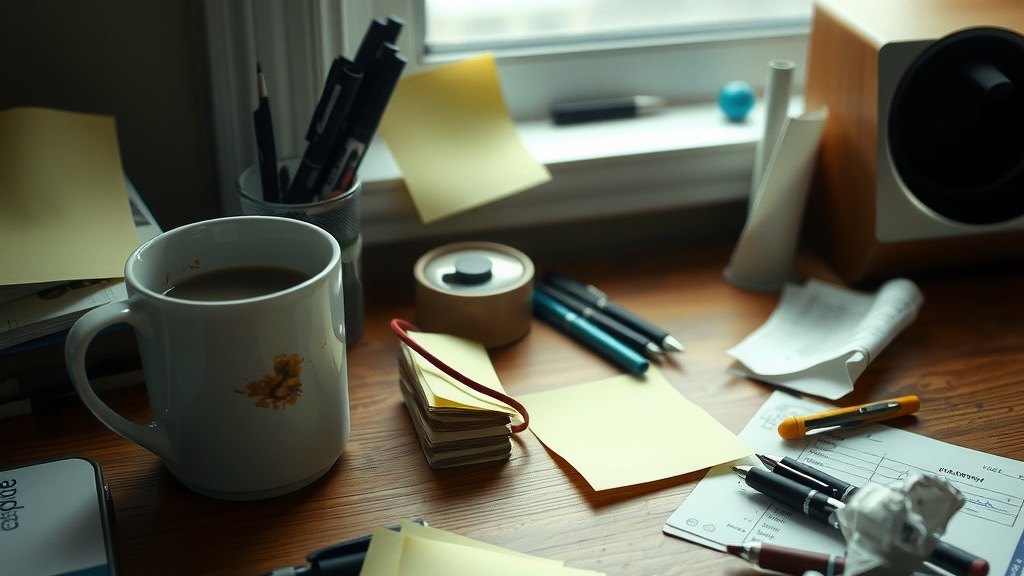 A cluttered desk on a grey morning: blank sticky notes at crooked angles, scattered pens, and a cold mug of coffee