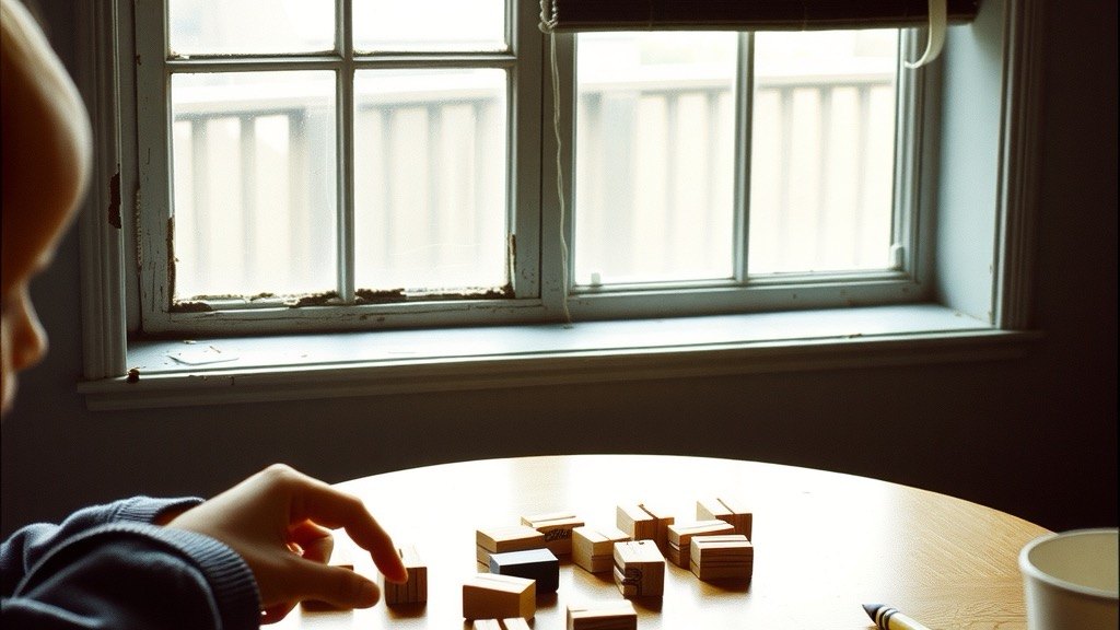 A child's hand reaching for small wooden blocks on a table beside a therapy room window, grey afternoon light