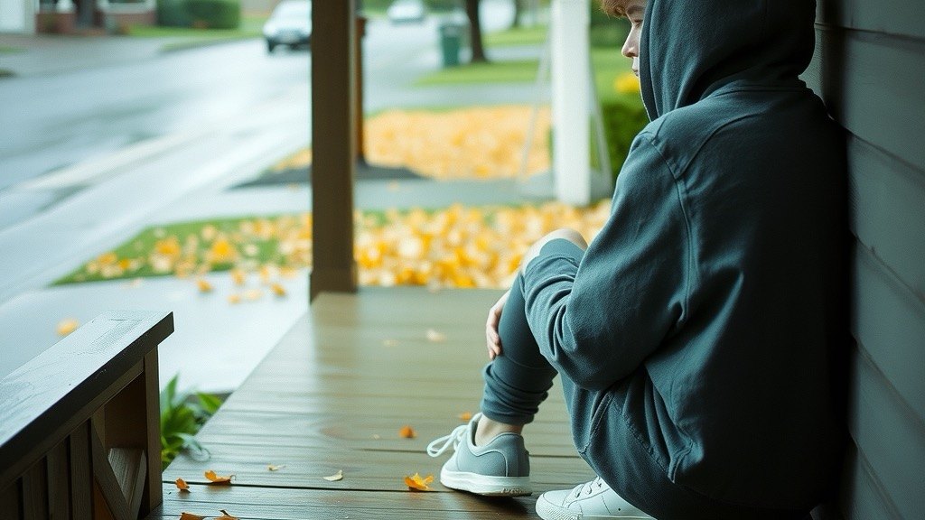 A teenager in a hoodie sitting alone on wooden porch steps, seen from behind, wet autumn leaves on an Oregon street beyond
